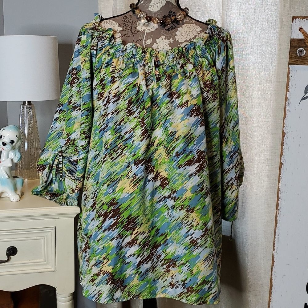 Lisa Josephs Sz 2X Convertible Sleeve Colorful Blouse, Plus Size Beauty